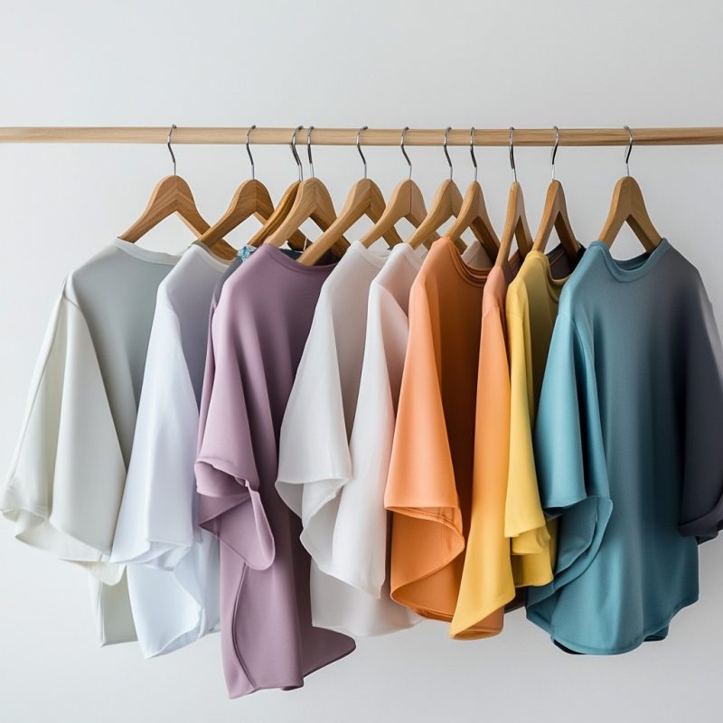 Farbige T-Shirts auf Holzbügeln